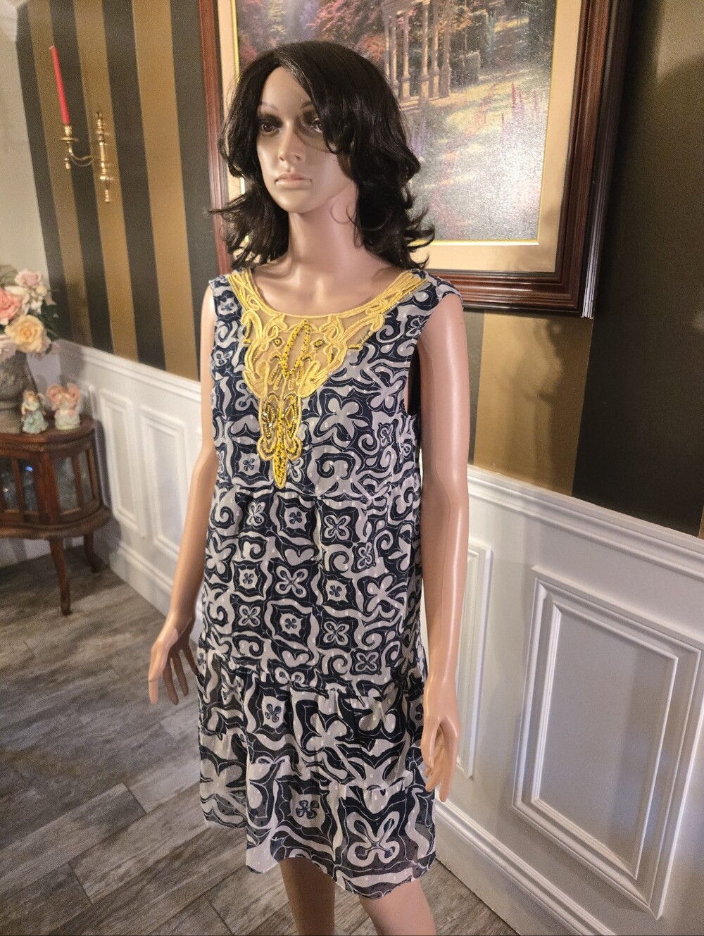 Desigual Navy and Yellow Maxi Dress with Lace Yoke